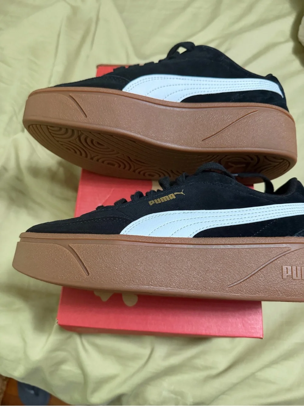 Puma Black Suede Sneakers with White Formstripe and Brown Platform Sole